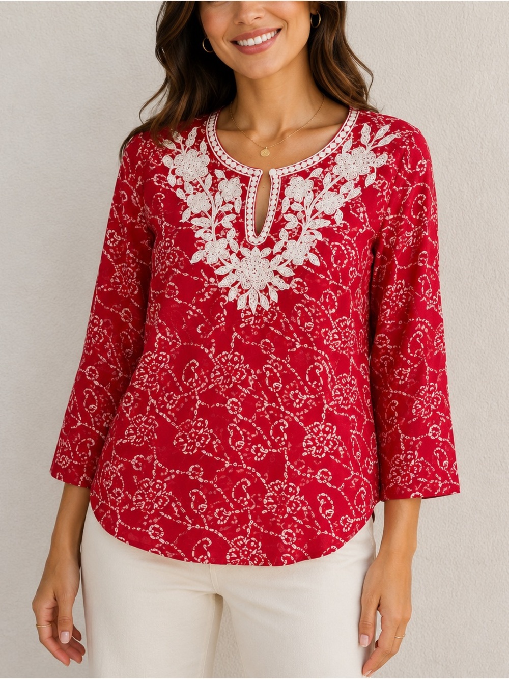 Susan Graver Red Floral Embroidered Tunic Top 3/4 Sleeve Boho Resort Casual XS